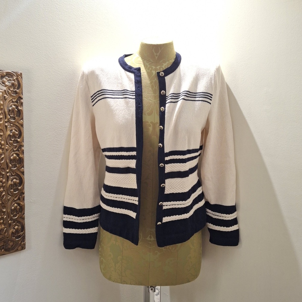 Vintage St. John Women's Cream Navy Striped Button Down‎ Jacket Cardigan Size 4
